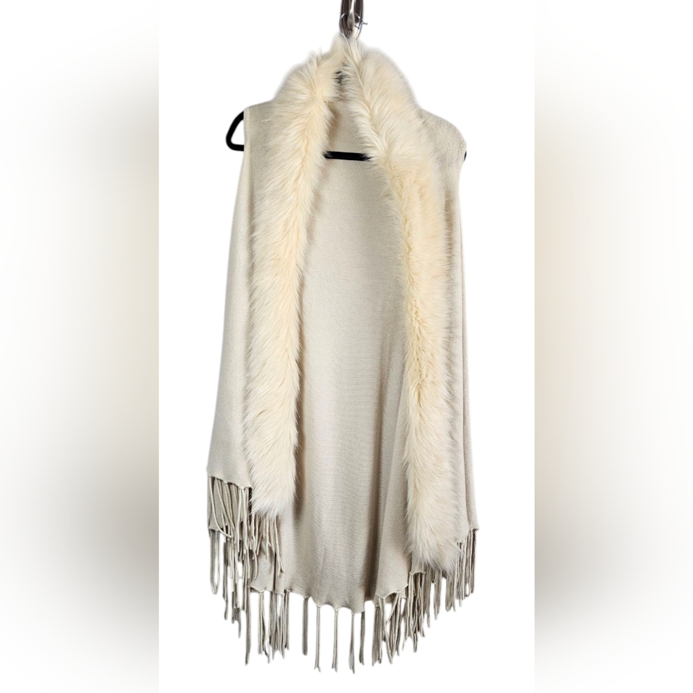Cream Faux Fur Trim Vest with Fringe